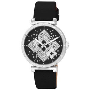 42mm Montres Carlo Women Flower Luxury Black Leather Band Fashion Dress Watch